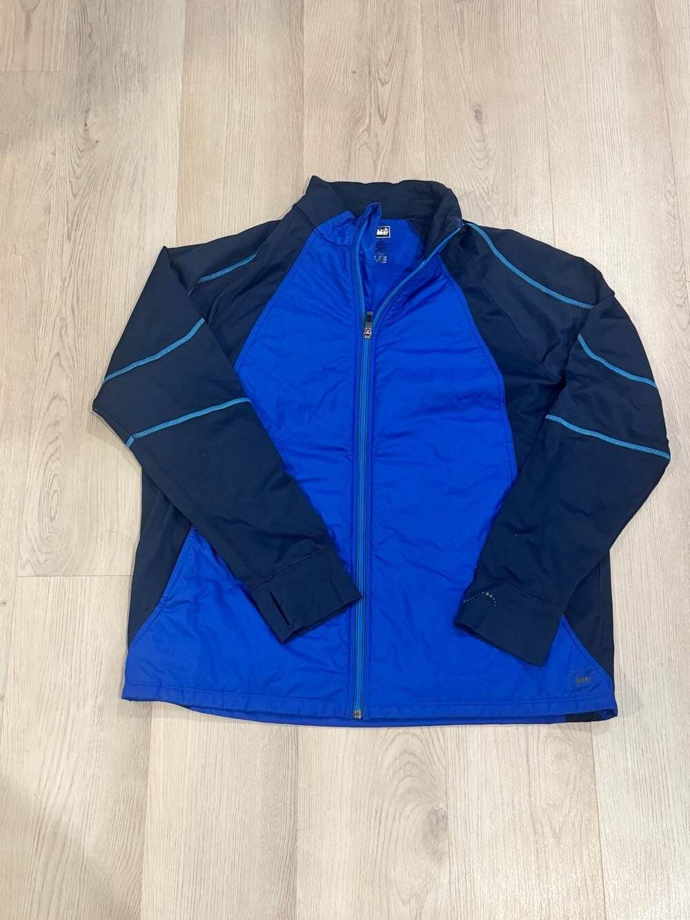 Full Zip Jacket Blue Black REI Thumbholes Active Outdoor Mock Neck